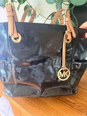 Michael Kors Black Patent Tote with Tan Leather Handles and Gold MK Charm